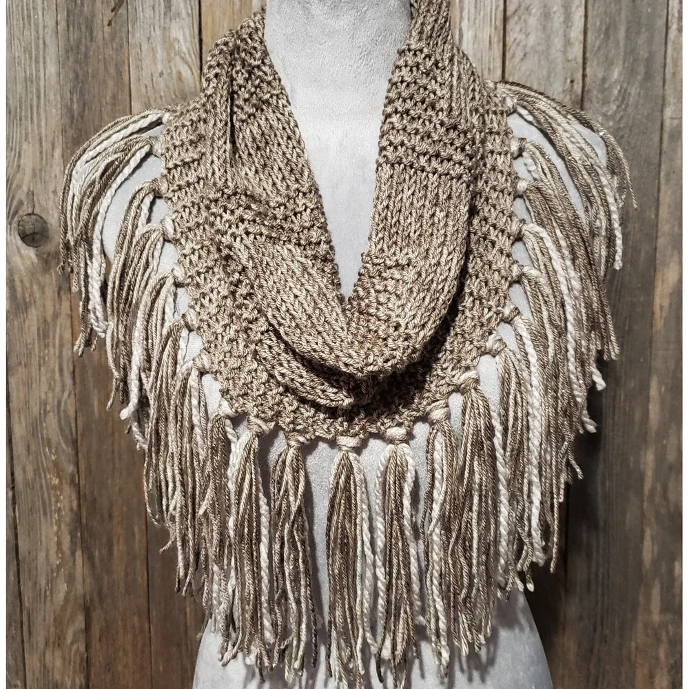 NEW Hand Knitted Taupe Boho Cowl Scarf Fringe Cottage Earthy Artsy Cottage Indie